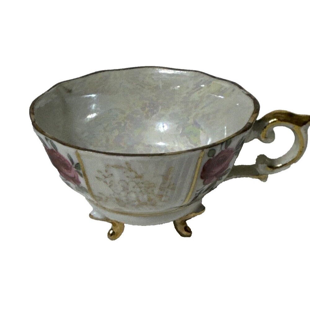 Trimont Three Footed China Teacup  Gold Trim With Red Roses Made In  Japan VTG